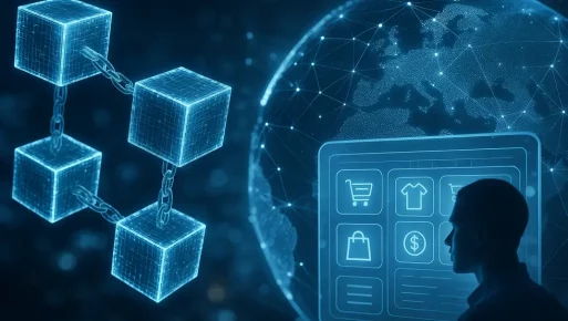 Futuristic vision of a digital future where users own and control their data globally. Collage depicting the digital future of user-owned data through blockchain and global connectivity.