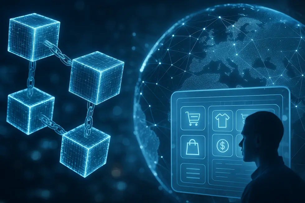 Collage depicting the digital future of user-owned data through blockchain and global connectivity.