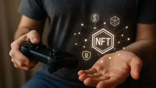 A gamer balancing a controller and digital assets, showing the shift to financial gain through NFTs.