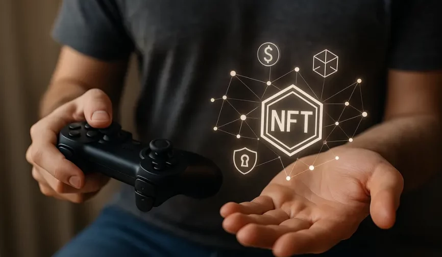 A gamer balancing a controller and digital assets, showing the shift to financial gain through NFTs.