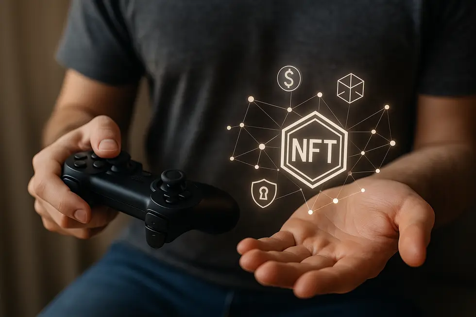 A gamer balancing a controller and digital assets, showing the shift to financial gain through NFTs.