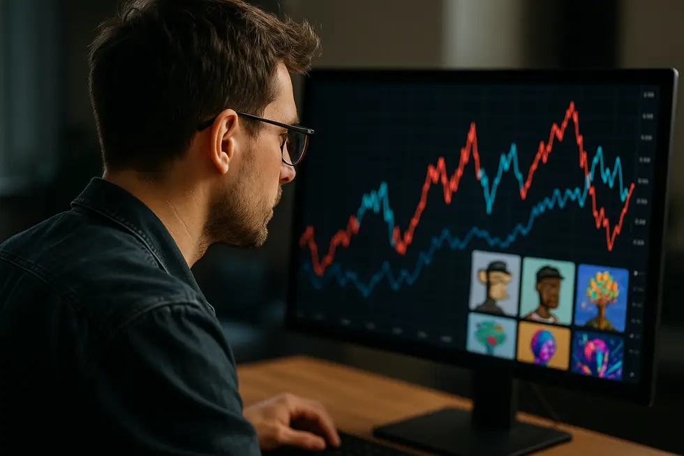 Individuals connecting emotionally with digital art in an NFT marketplace setting.