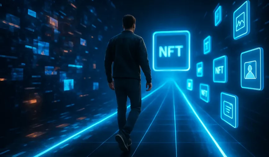 Visual representation of navigating a digital journey in the NFT space.