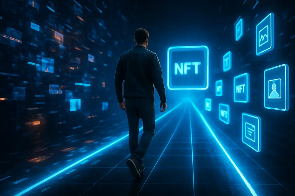 Visual representation of navigating a digital journey in the NFT space.