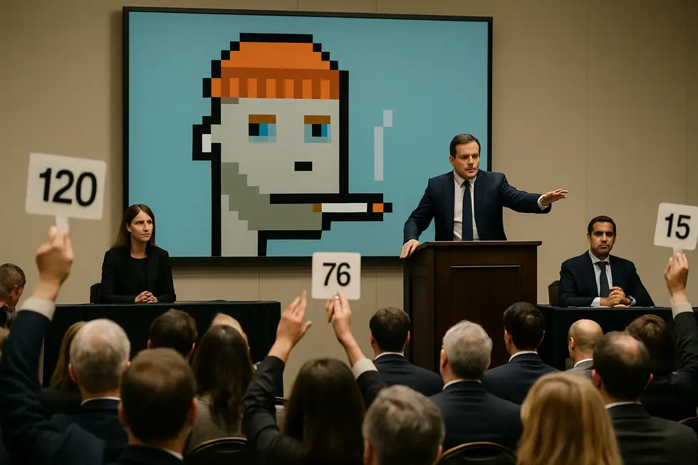 Art enthusiasts experiencing the quiet confidence of digital ownership within a bustling NFT marketplace.