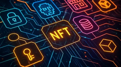 An image showing a complex web of digital elements representing NFT marketplaces and ownership.