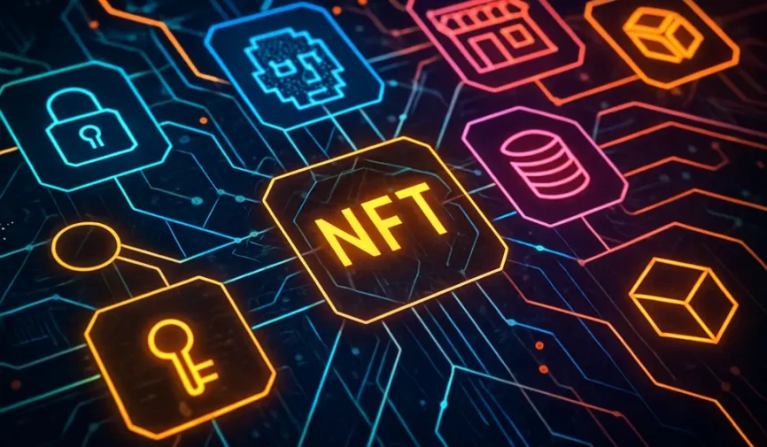 An image showing a complex web of digital elements representing NFT marketplaces and ownership.