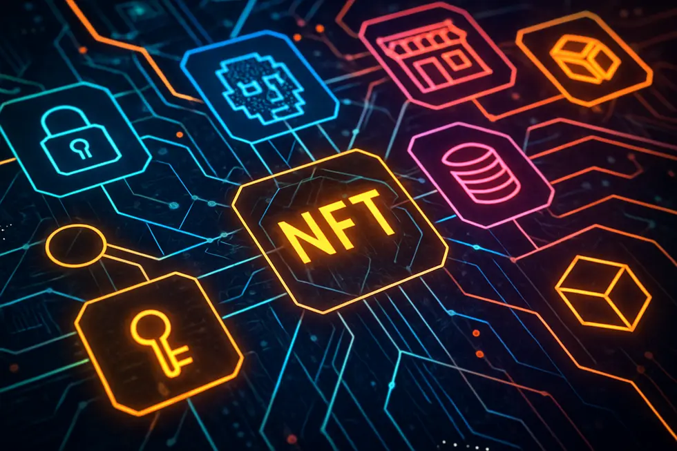 An image showing a complex web of digital elements representing NFT marketplaces and ownership.