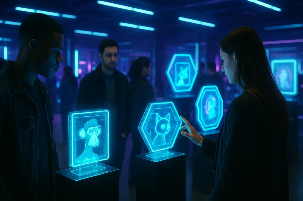 People engaged in a digital marketplace, where NFTs fuel new modes of ownership.