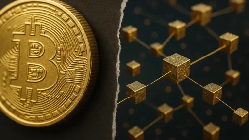 An artistic representation of the divide between NFT digital scarcity and traditional gold.