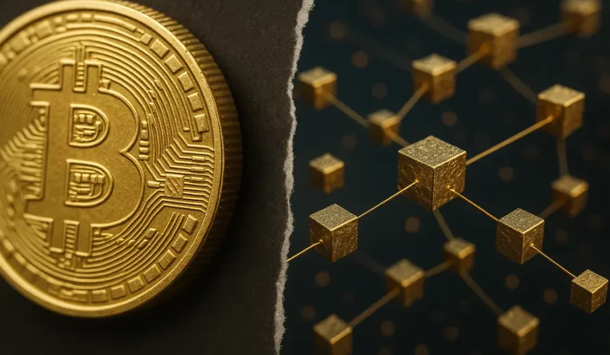 An artistic representation of the divide between NFT digital scarcity and traditional gold.