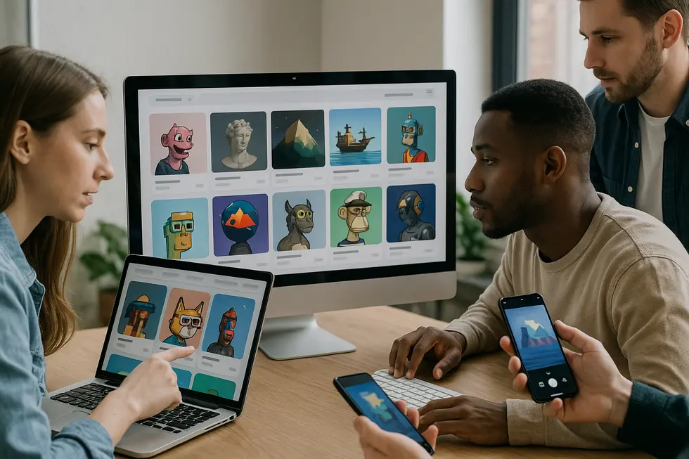A visual representation of NFTs enabling decentralized control in digital marketplaces.