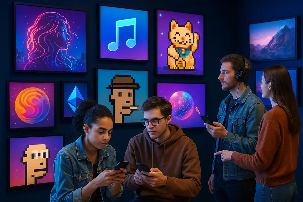 An engaging depiction of an NFT marketplace bustling with digital trades.