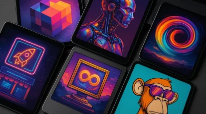 Various colorful digital art pieces representing NFT marketplaces.