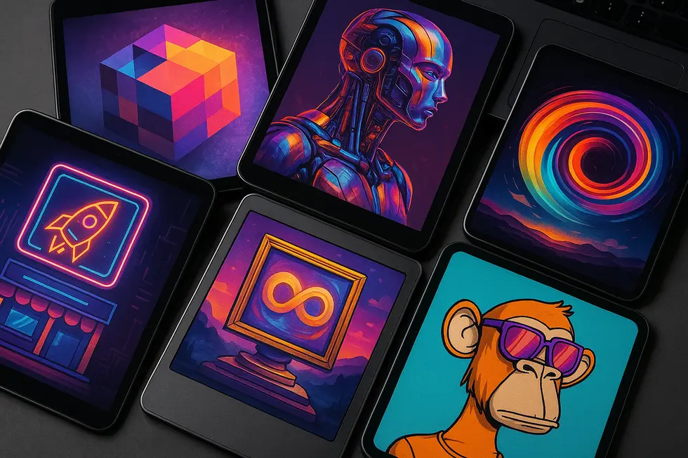 Various colorful digital art pieces representing NFT marketplaces.