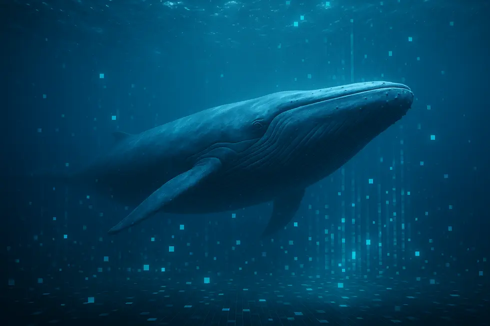 A giant whale navigating a digital landscape, representing their influence in the NFT marketplace.