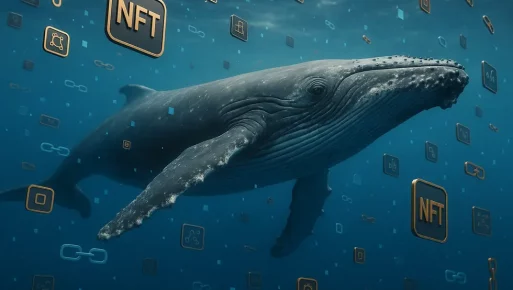 An artistic visual of a whale intertwined with digital NFT tokens and blockchain symbols.