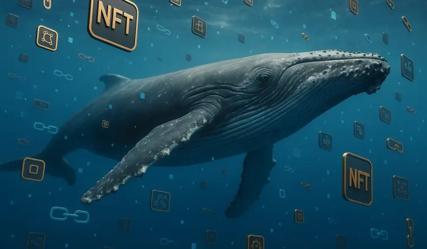 An artistic visual of a whale intertwined with digital NFT tokens and blockchain symbols.