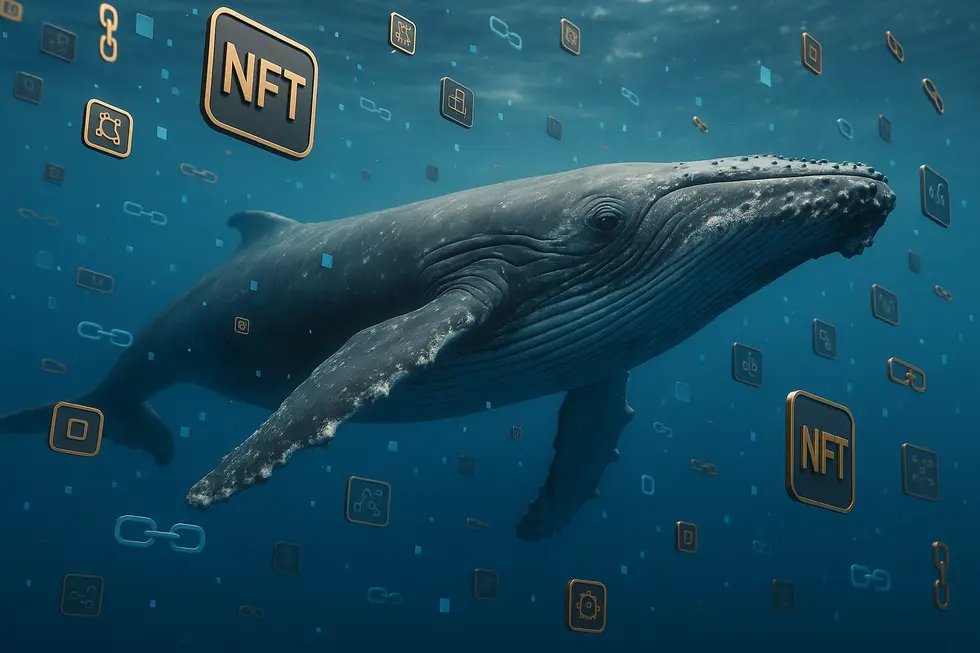 An artistic visual of a whale intertwined with digital NFT tokens and blockchain symbols.