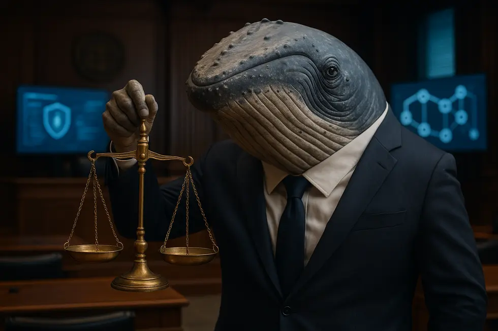 A giant whale navigating a digital landscape, representing their influence in the NFT marketplace.