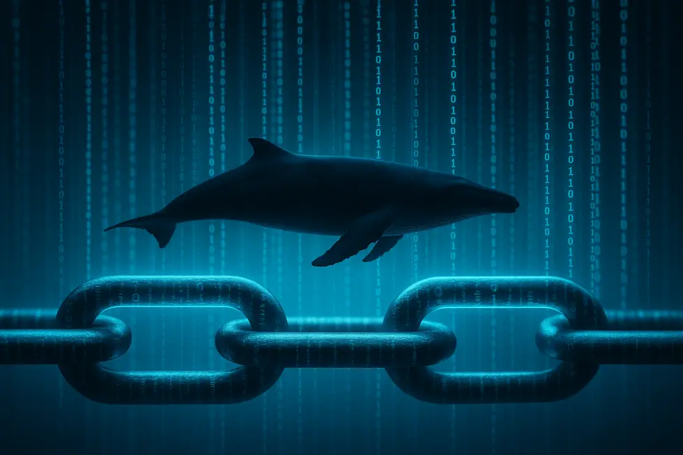 A giant whale navigating a digital landscape, representing their influence in the NFT marketplace.