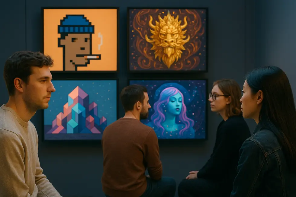 Art enthusiasts experiencing the quiet confidence of digital ownership within a bustling NFT marketplace.