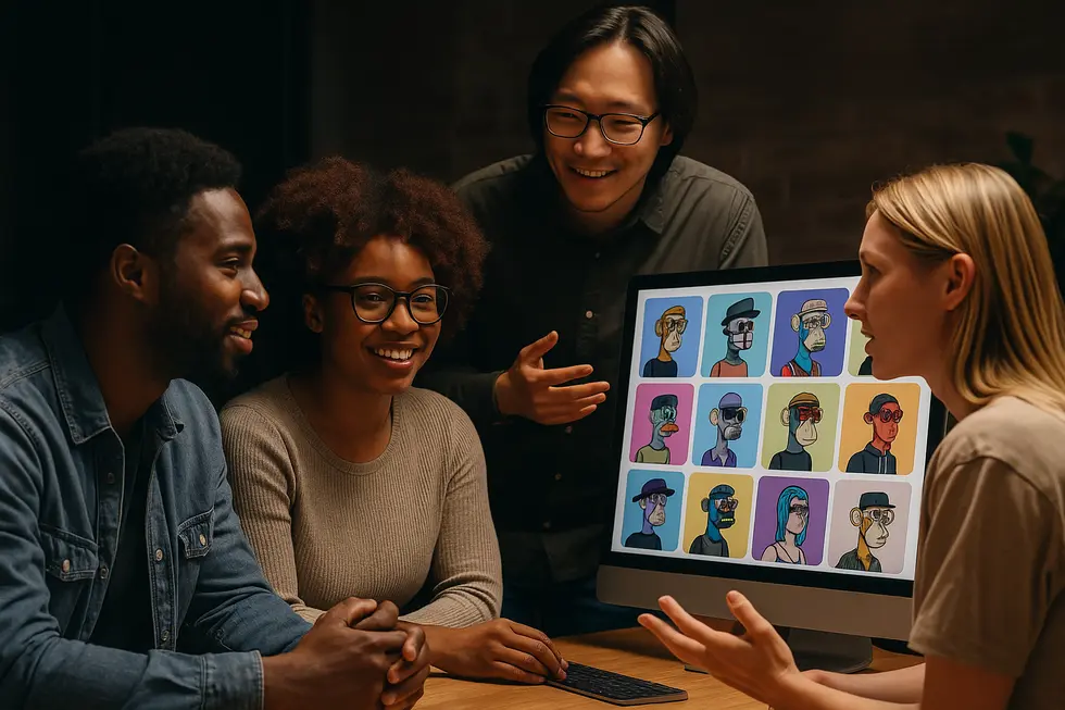 Art enthusiasts experiencing the quiet confidence of digital ownership within a bustling NFT marketplace.