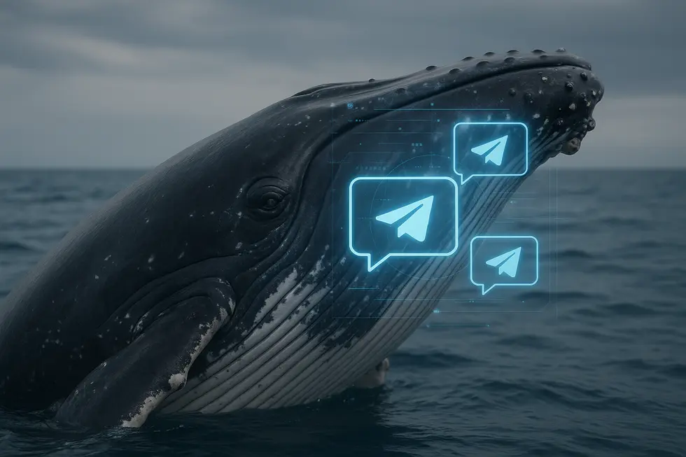 A giant whale navigating a digital landscape, representing their influence in the NFT marketplace.