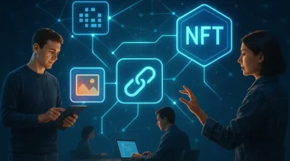 An interconnected digital landscape showcasing NFTs and blockchain's role in future ownership. Representation of a digital ecosystem highlighting NFTs and blockchain interconnectivity.