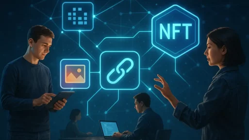 Representation of a digital ecosystem highlighting NFTs and blockchain interconnectivity.