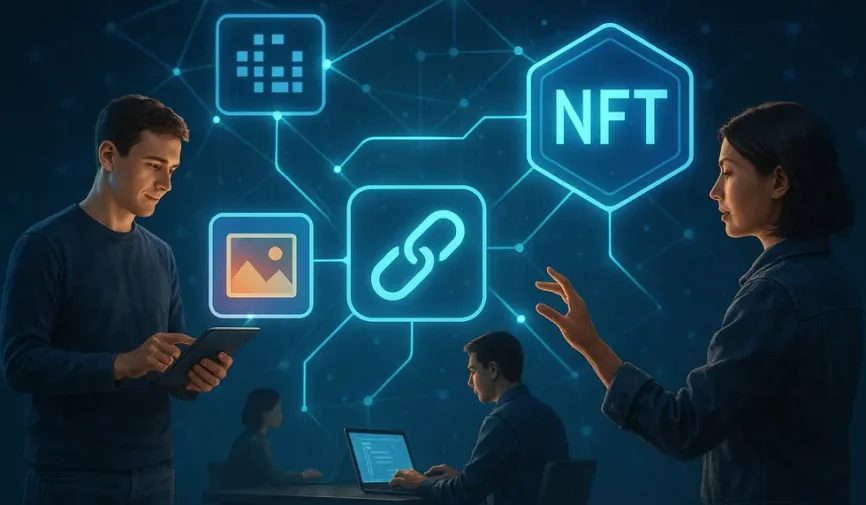 Representation of a digital ecosystem highlighting NFTs and blockchain interconnectivity.
