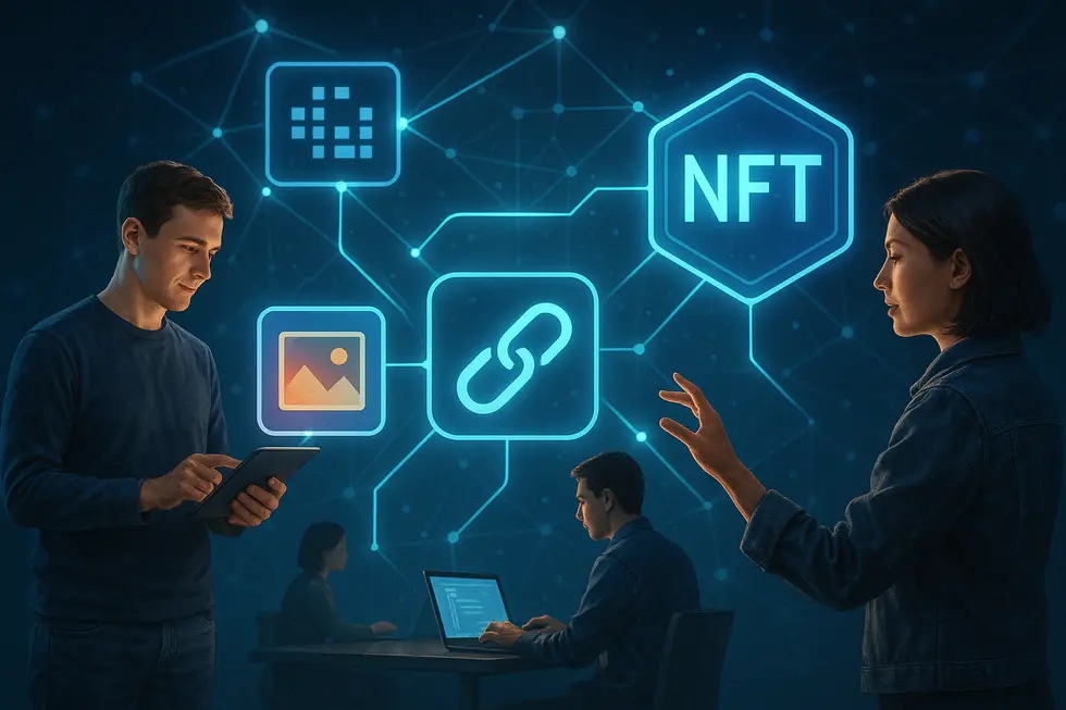 Representation of a digital ecosystem highlighting NFTs and blockchain interconnectivity.
