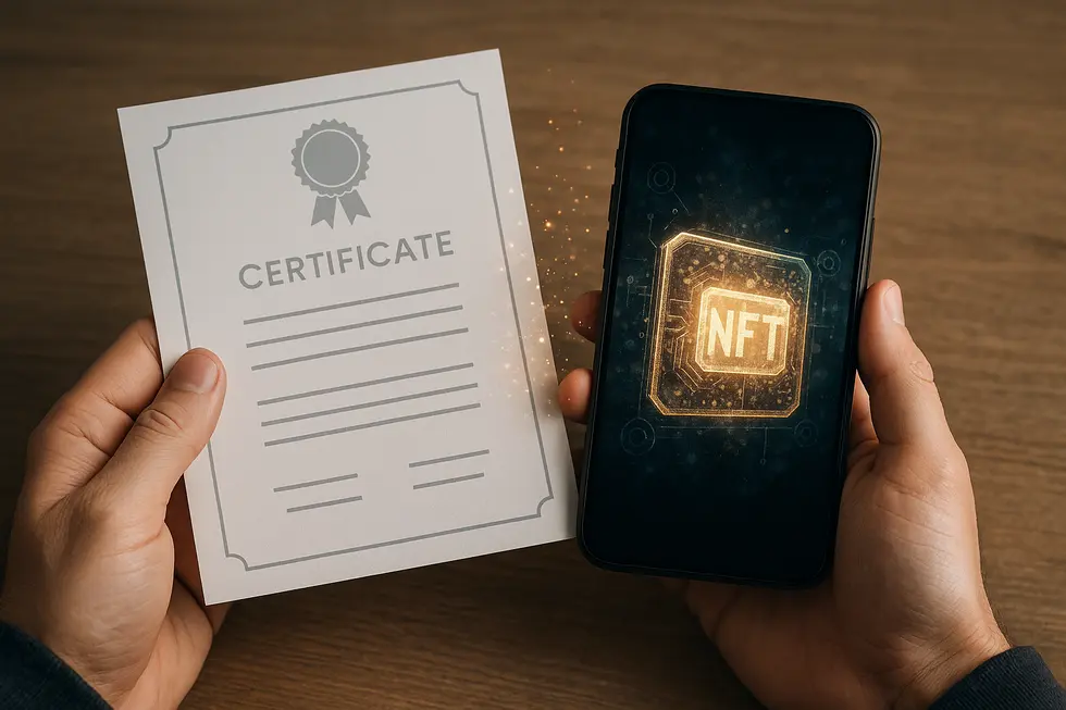 Art enthusiasts experiencing the quiet confidence of digital ownership within a bustling NFT marketplace.