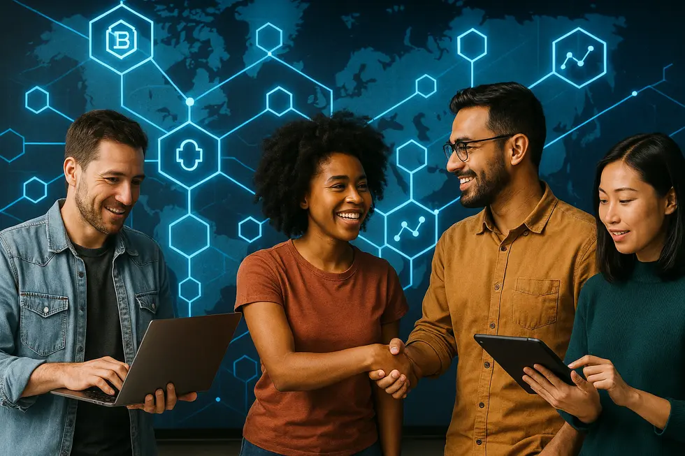 People engaged in a digital marketplace, where NFTs fuel new modes of ownership.