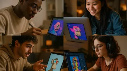 A digital collage of young artists creating and trading NFTs.