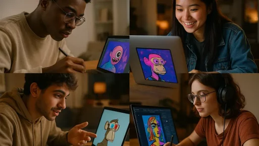 A digital collage of young artists creating and trading NFTs.