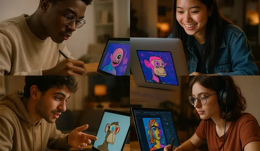 A digital collage of young artists creating and trading NFTs.