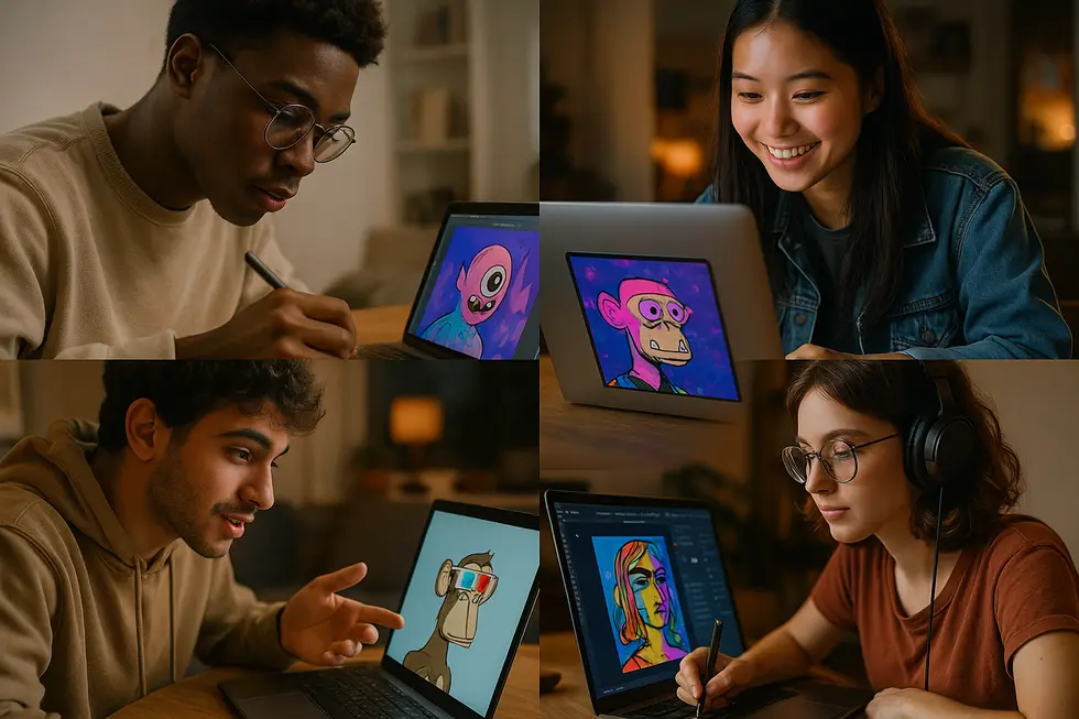 A digital collage of young artists creating and trading NFTs.