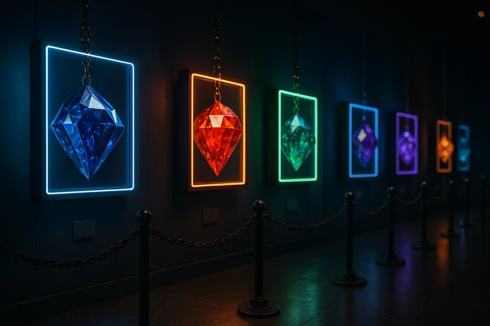 Digital jewels in a virtual gallery symbolizing NFT collection allure.