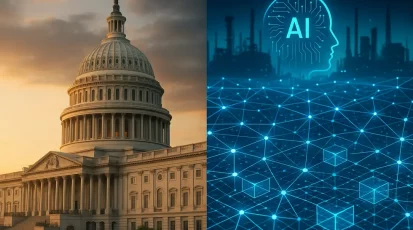 Government building juxtaposed with a digital landscape incorporating AI and blockchain grids.