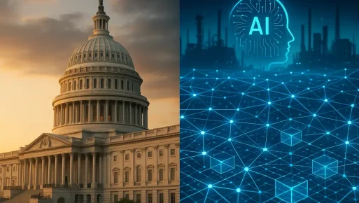 Governments navigating the complexities of the metaverse. Government building juxtaposed with a digital landscape incorporating AI and blockchain grids.