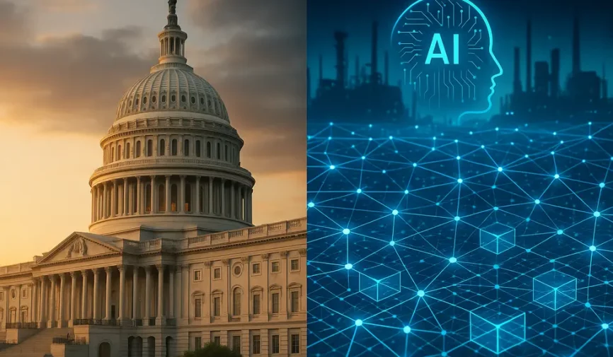 Government building juxtaposed with a digital landscape incorporating AI and blockchain grids.