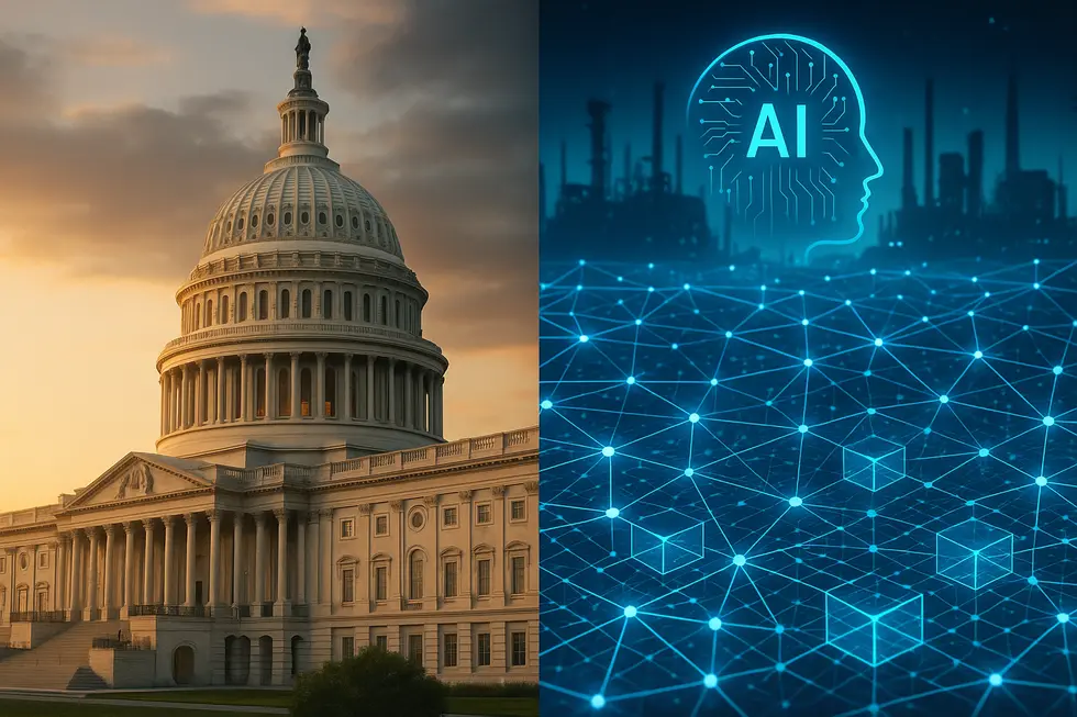 Government building juxtaposed with a digital landscape incorporating AI and blockchain grids.