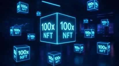 A digital landscape depicting potential pathways to next 100x NFTs, with glowing cubes symbolizing success.