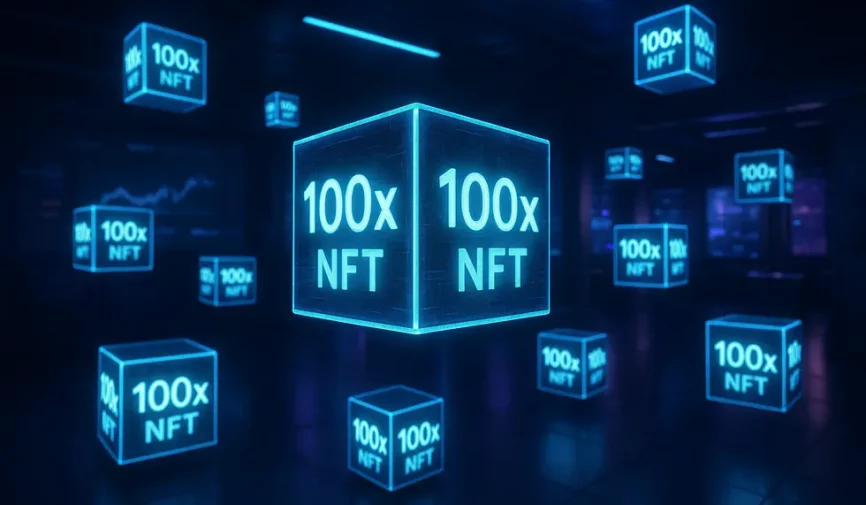 A digital landscape depicting potential pathways to next 100x NFTs, with glowing cubes symbolizing success.
