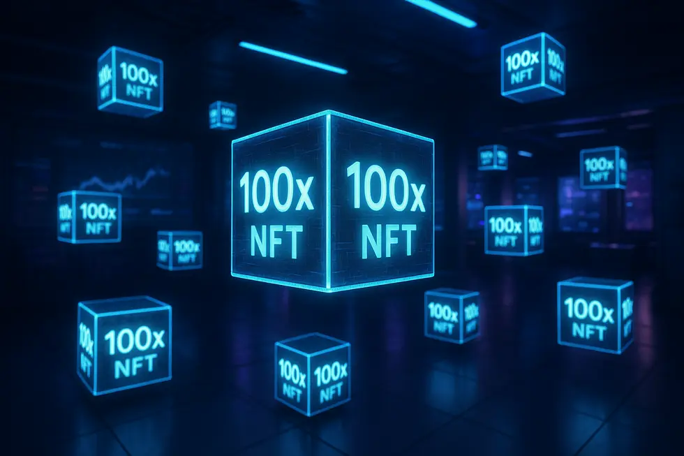 A digital landscape depicting potential pathways to next 100x NFTs, with glowing cubes symbolizing success.
