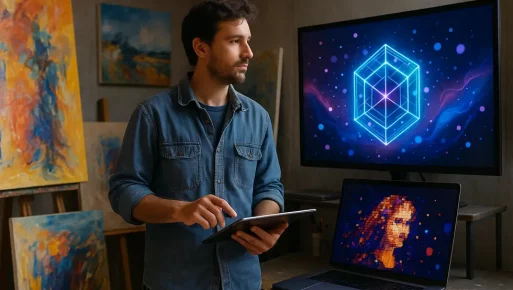 An artist's studio with canvases and digital NFT displays, highlighting the convergence of art forms.