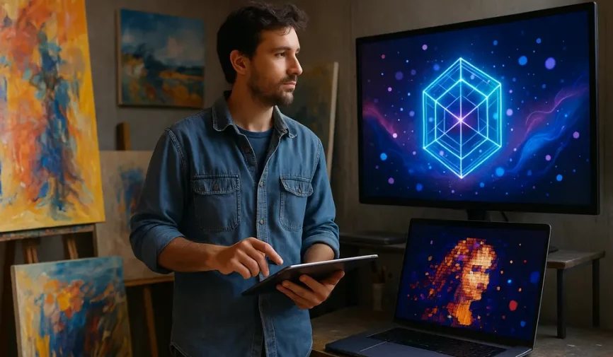 An artist's studio with canvases and digital NFT displays, highlighting the convergence of art forms.