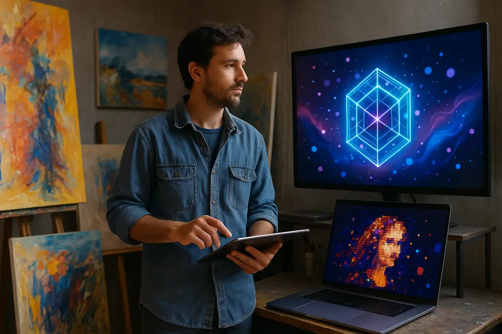 An artist's studio with canvases and digital NFT displays, highlighting the convergence of art forms.