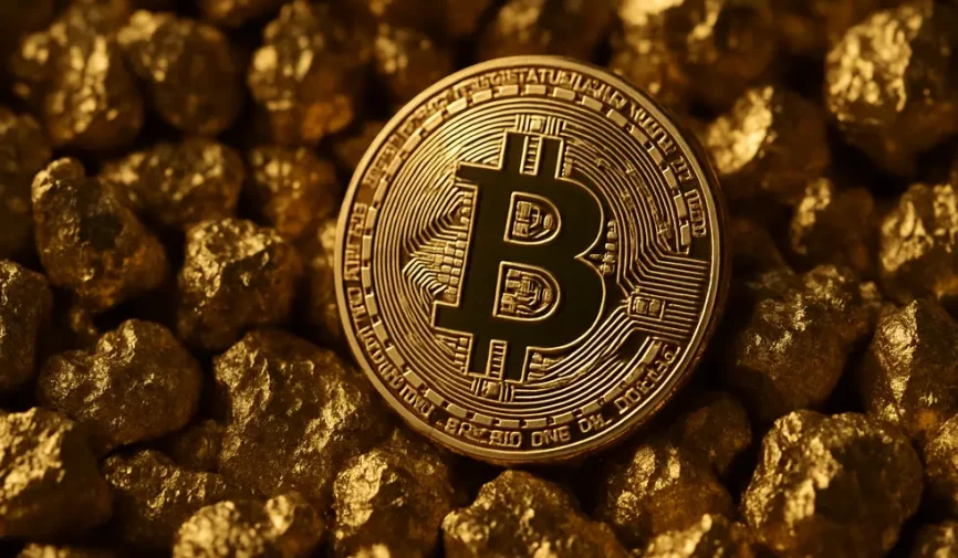Graphical representation of Bitcoin surrounded by gold elements.